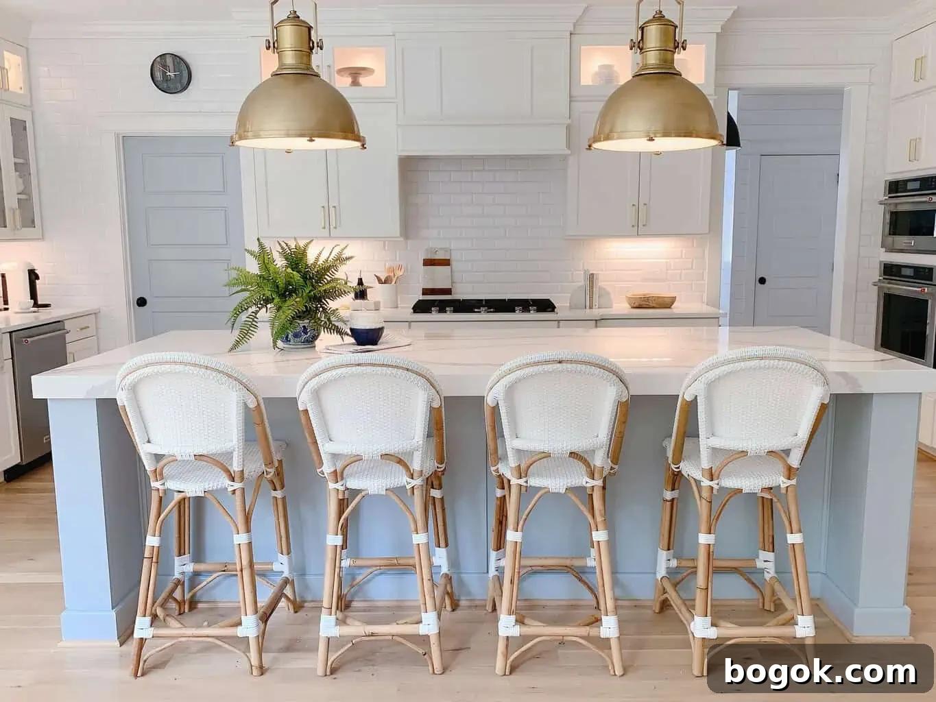 White Kitchen with Blue Island: Design Details 4 blue and white kitchen with brass pulls