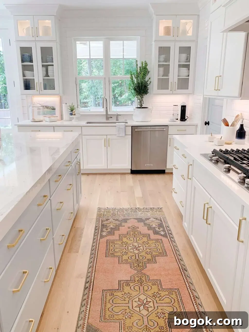 White Kitchen with Blue Island: Design Details 5 vintage runner in a blue and white kitchen