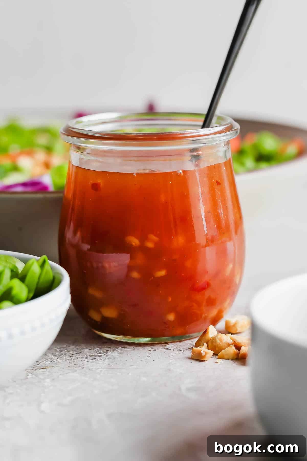 Sweet Chili Vinaigrette for Salads and Marinades 2 A jar of homemade sweet chili vinaigrette.