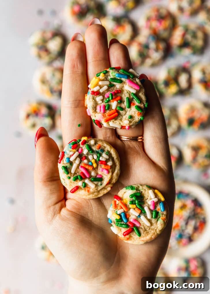 Soft and Chewy Mini Sprinkle Cookies Recipe 12 A hand holding baked sprinkle cookies.
