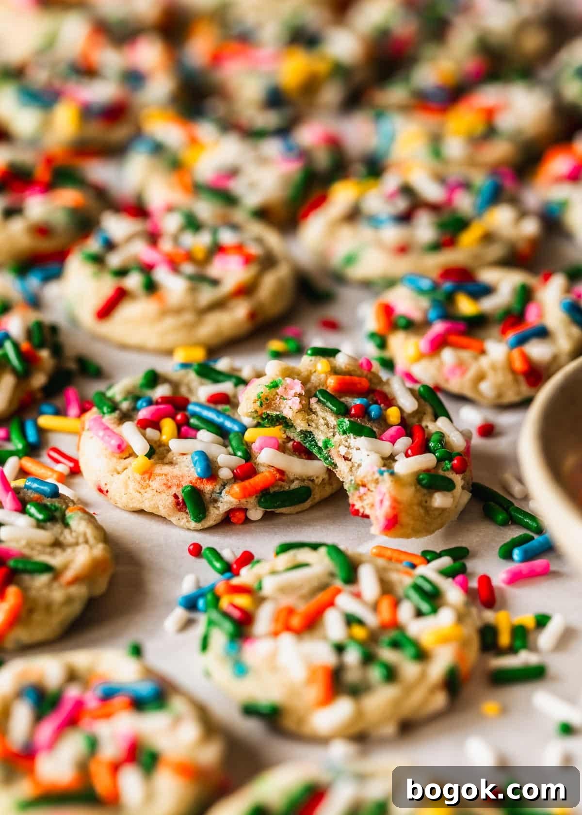 Soft and Chewy Mini Sprinkle Cookies Recipe 14 A sprinkle cookie with a bite taken out of it on a pink counter next to rows of sprinkle cookies.