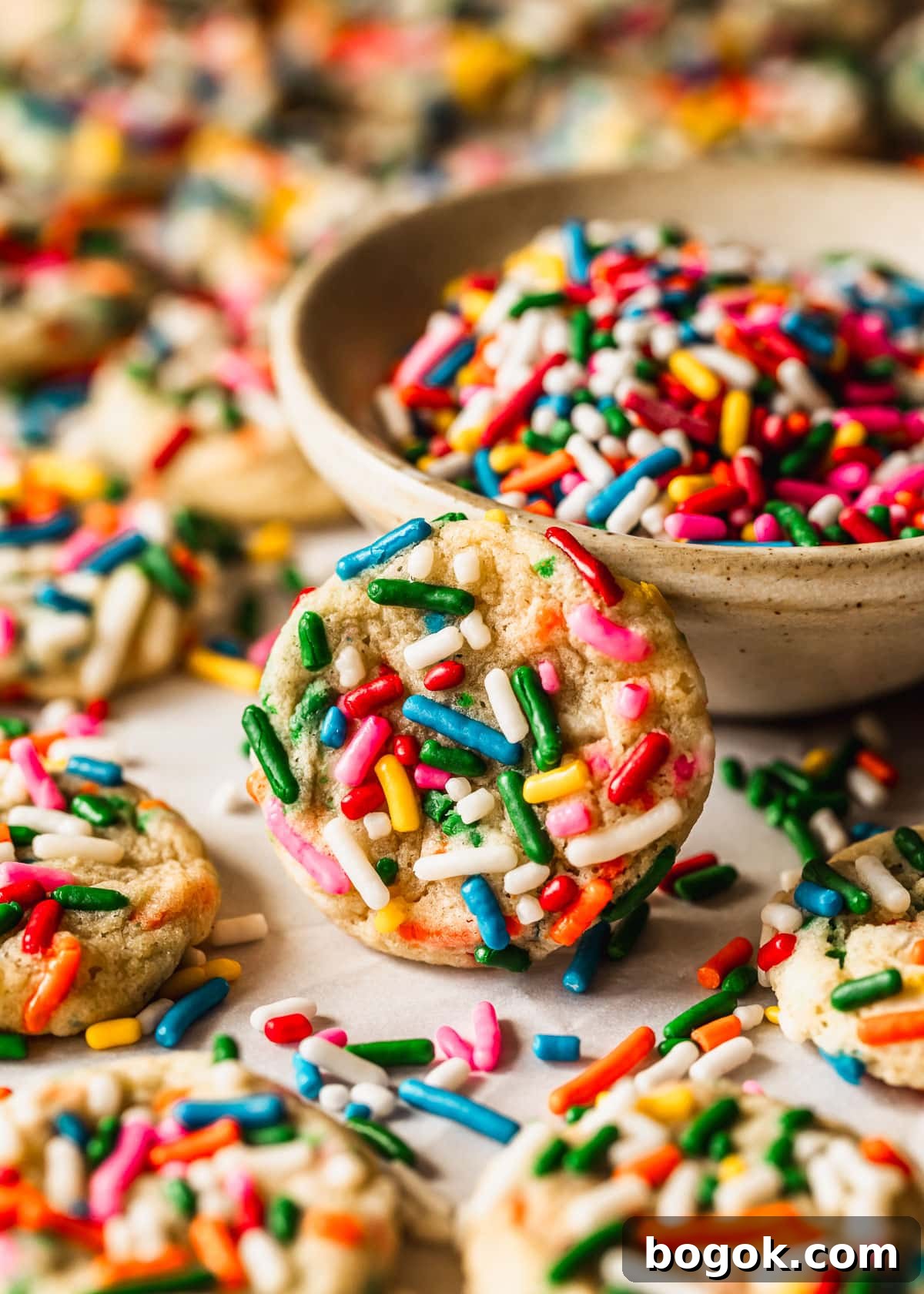Soft and Chewy Mini Sprinkle Cookies Recipe 15 A sprinkle cookie leaning against a white bowl of sprinkles on a pink counter covered in rows of sprinkle cookies.