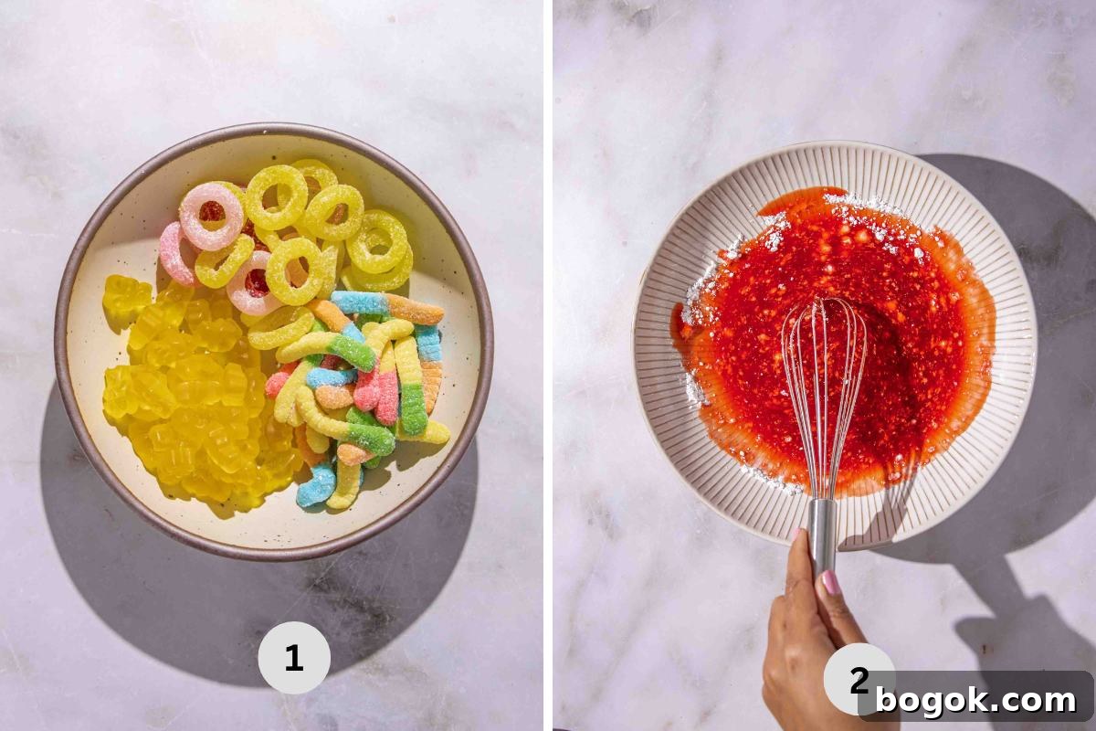 How to Make Mexican Chamoy Candy: Tangy Sweet Treat 4 Gummy worm, ring and sour patches in a bowl on one side and chamoy sauce with powdered sugar getting stirred in another bowl.