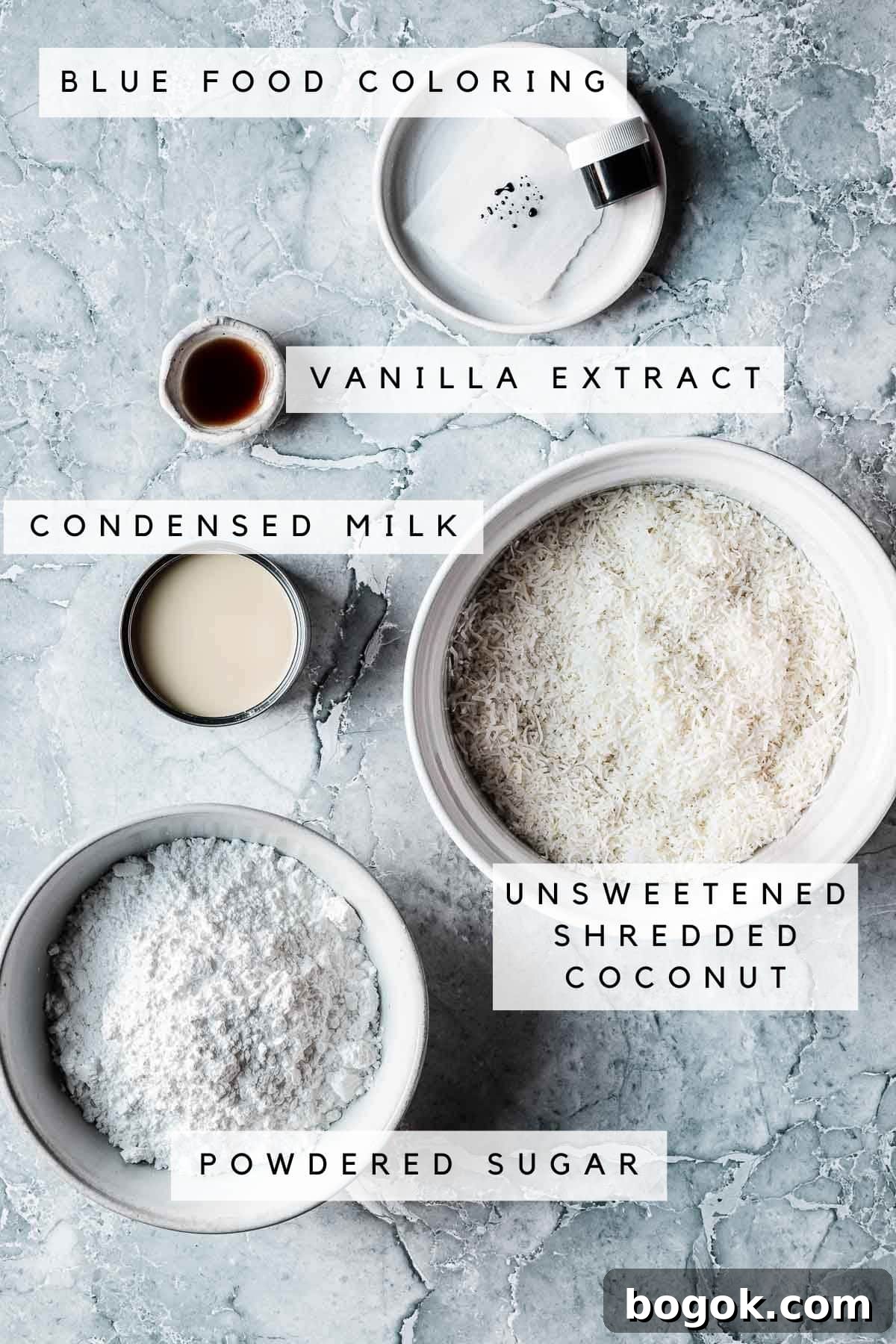 Classic Pink Coconut Ice Candy Recipe 4 Labeled ingredients for coconut ice candy.