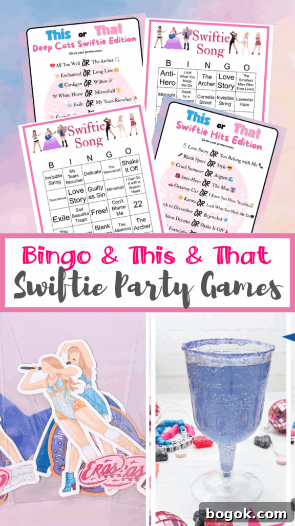 Free Taylor Swift Party Game Downloads 2 An image collage with the top image of the new free games - bingo and this or that, the bottom images are a purple drink in a champagne glass and a bunch of taylor swift stickers.