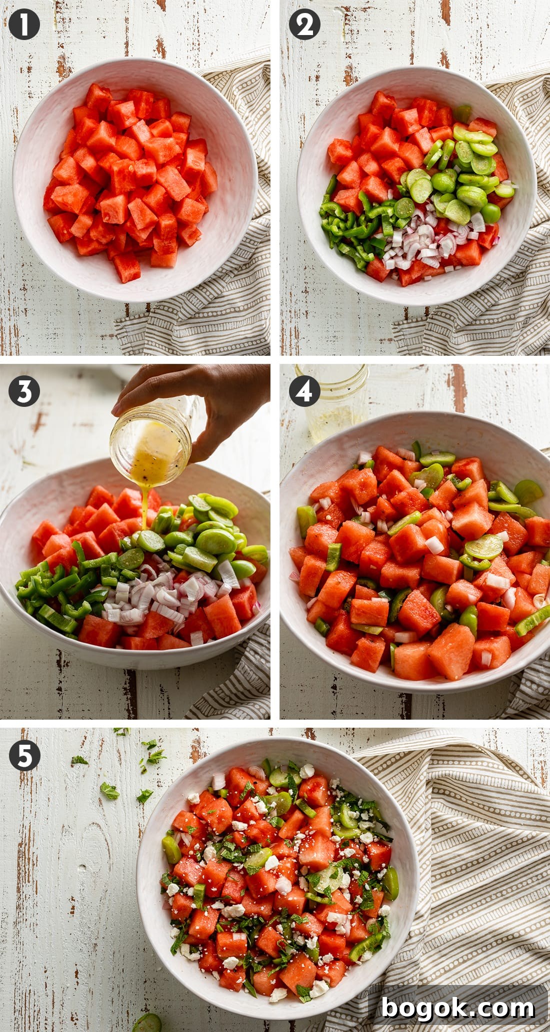 Step-by-step photos showing how to assemble a chilled watermelon salad.
