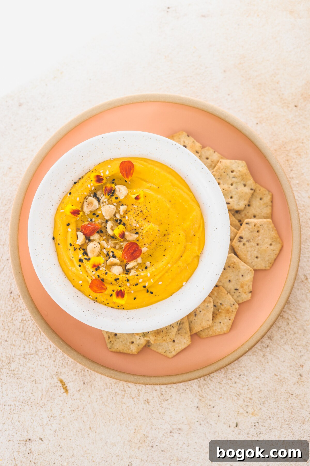 Roasted Butternut Squash Dip Recipe, Creamy Fall Appetizer 4 an overhead shot of butternut squash dip surrounded by crackers